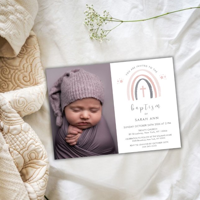 Gender Neutral Boho Rainbow Photo Cross Baptism Invitation (Gender Neutral Boho Rainbow Photo Cross Baptism Invitation)
