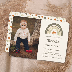Gender Neutral Boho Rainbow Photo First Birthday Invitation