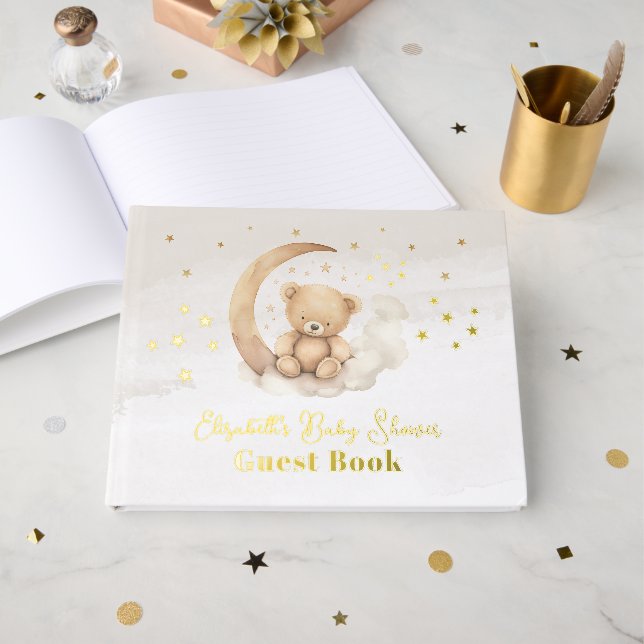 Gender Neutral Brown Teddy Bear Baby Shower Guest Book (Front Open)