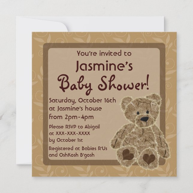 Gender neutral brown teddy bear shower invites (Front)