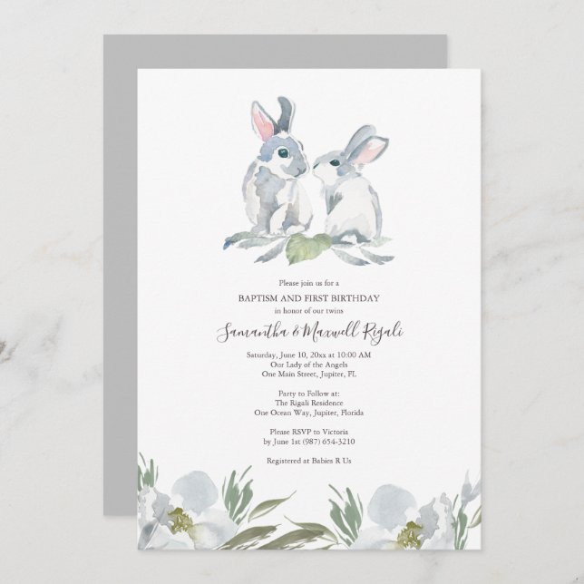 Gender Neutral Bunny Baptism and Birthday Invitation (Front/Back)