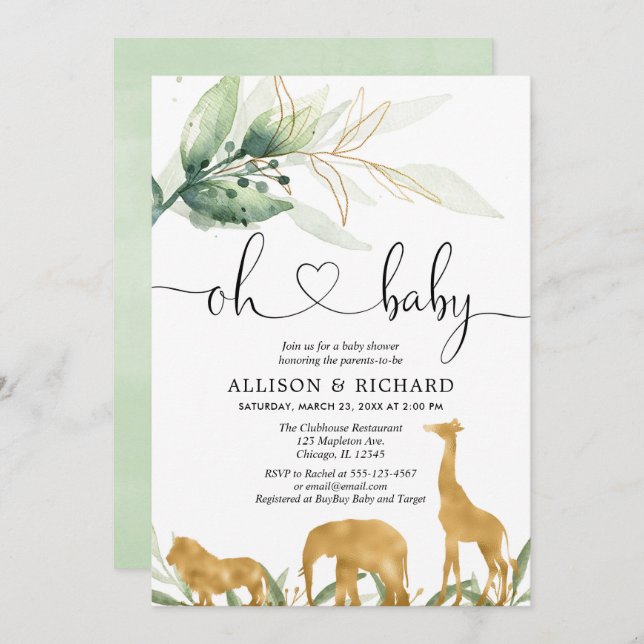Gender neutral couples baby shower, safari jungle invitation (Front/Back)