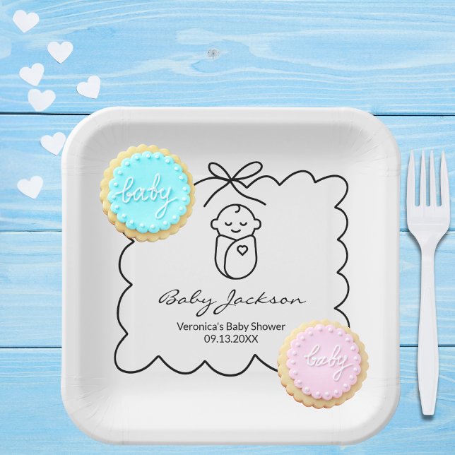 Gender Neutral Cute Baby & Bow Modern Baby Shower Paper Plate (Creator Uploaded)