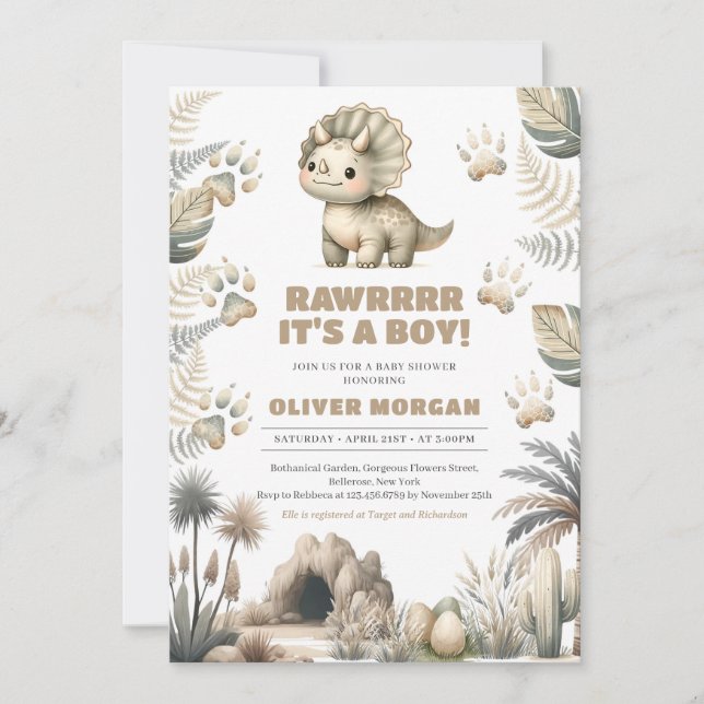 Gender neutral cute baby dinosaur prehistoric invitation (Front)