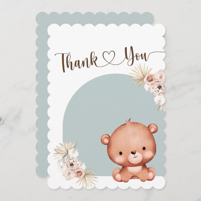 Gender Neutral Cute Bear Dusty Blue Baby Shower  Thank You Card (Front/Back)