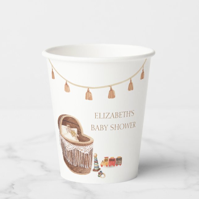 Gender Neutral Cute Boho Bassinet Toy Baby Shower Paper Cups (Front)