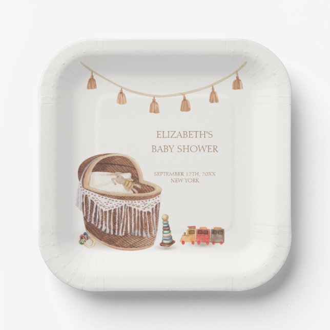 Gender Neutral Cute Boho Bassinet Toy Baby Shower Paper Plate (Front)