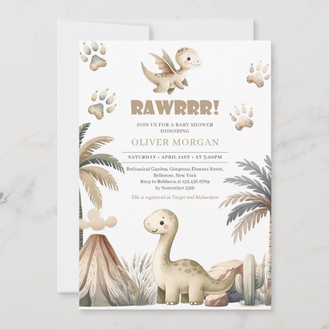 Gender neutral cute dinosaur earthy colours ivory invitation (Front)