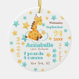 Gender Neutral Cute Giraffe Stars Baby Birth Stats Ceramic Ornament