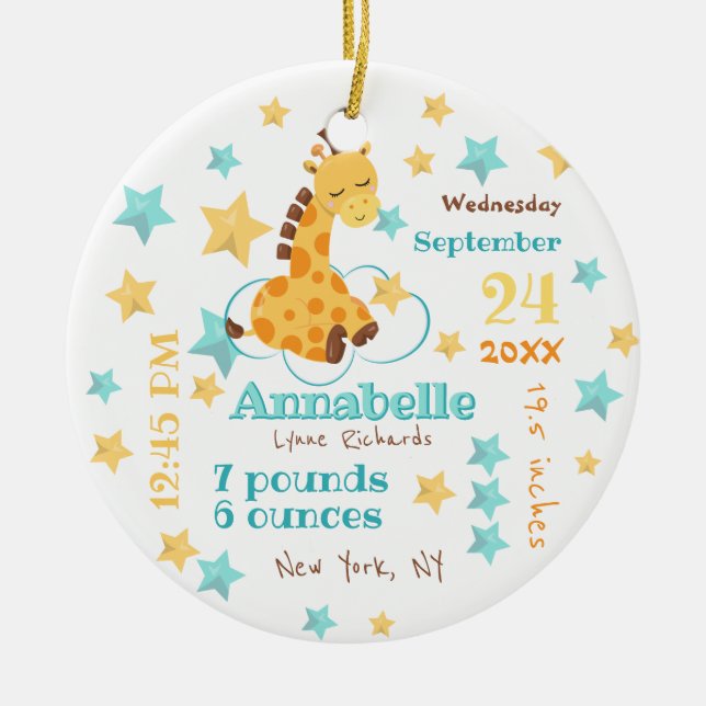 Gender Neutral Cute Giraffe Stars Baby Birth Stats Ceramic Ornament (Front)