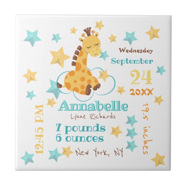 Gender Neutral Cute Giraffe Stars Baby Birth Stats Ceramic Tile (Front)