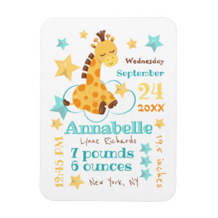Gender Neutral Cute Giraffe Stars Baby Birth Stats Magnet
