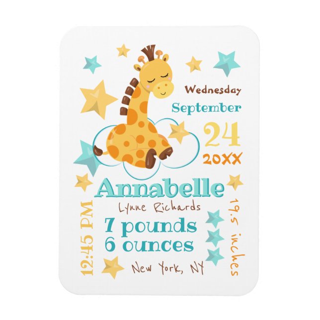 Gender Neutral Cute Giraffe Stars Baby Birth Stats Magnet (Vertical)