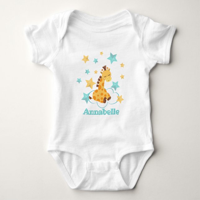 Gender Neutral Cute Giraffe & Stars Baby Monogram Bodysuit (Front)