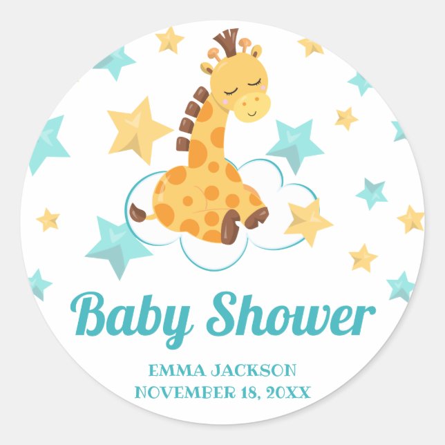Gender Neutral Cute Giraffe & Stars Baby Shower Classic Round Sticker (Front)