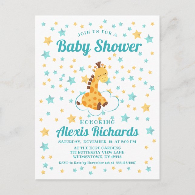 Gender Neutral Cute Giraffe & Stars Baby Shower Invitation Postcard (Front)