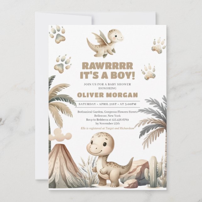 Gender neutral cute prehistoric baby dinosaurs invitation (Front)