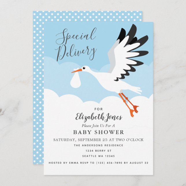 Gender-Neutral Cute Stork Baby Shower Invitation (Front/Back)