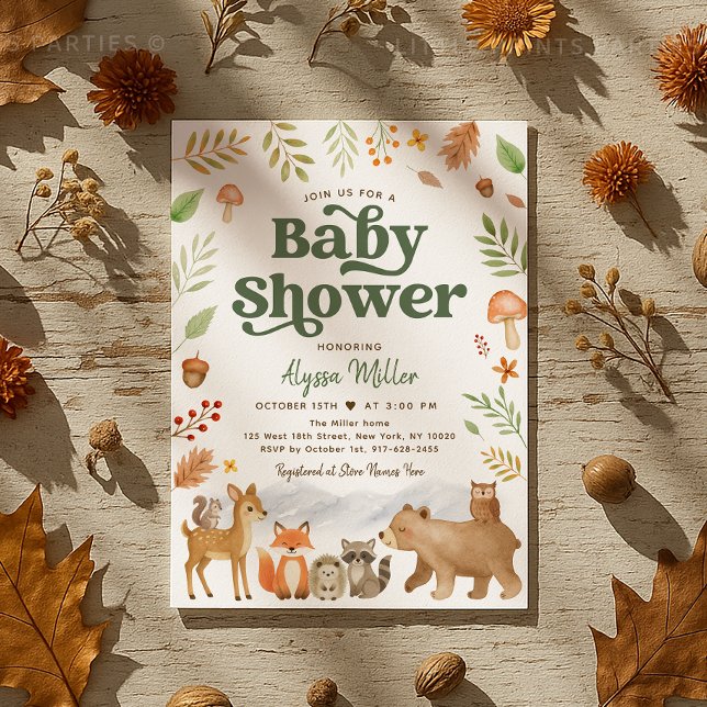 Gender Neutral Cute Woodland Animals Baby Shower Invitation (Sweet woodland animal baby shower invitation in cozy autumn colors 🍁🦔🦊)