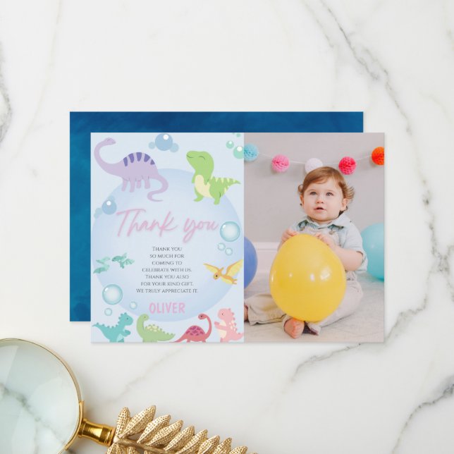 Gender neutral dinosaur pool party birthday thank you card (Front/Back In Situ)