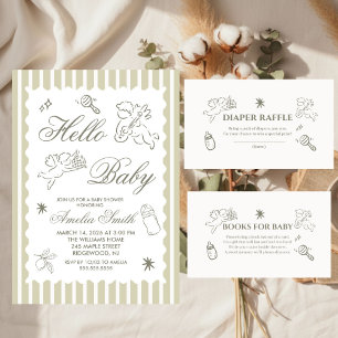 Gender Neutral doodle cupid Baby Shower Green Invitation