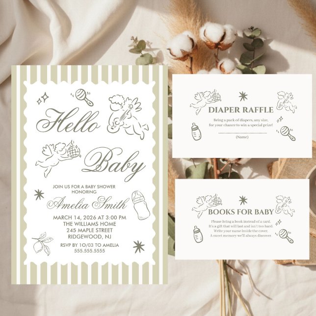 Gender Neutral doodle cupid Baby Shower Green Invitation (Creator Uploaded)