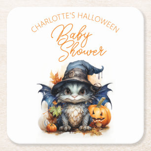 Gender Neutral Dragon Halloween Baby Shower Square Paper Coaster