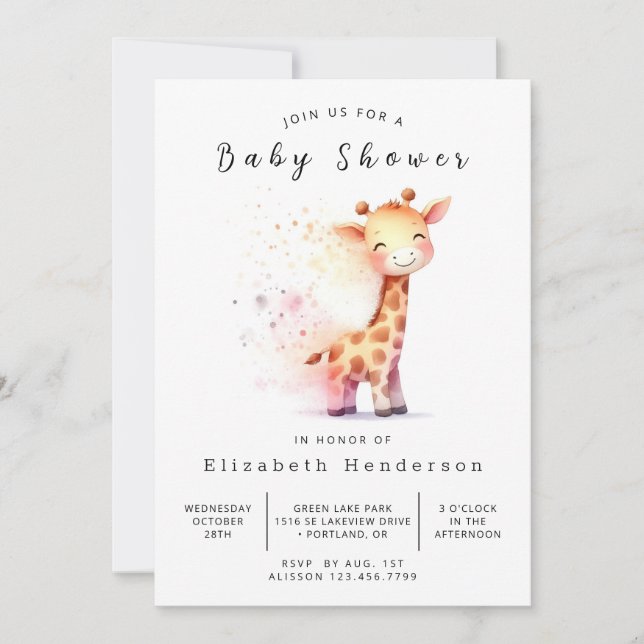Gender Neutral Editable Giraffe Baby Shower Invitation (Front)