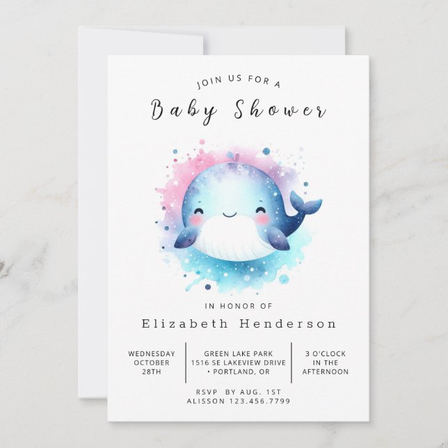 Gender Neutral Editable Whale Baby Shower Invitation (Front)