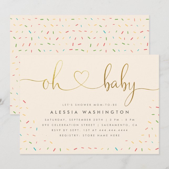 Gender Neutral Elegant Gold Script Oh Baby Shower Invitation (Front/Back)