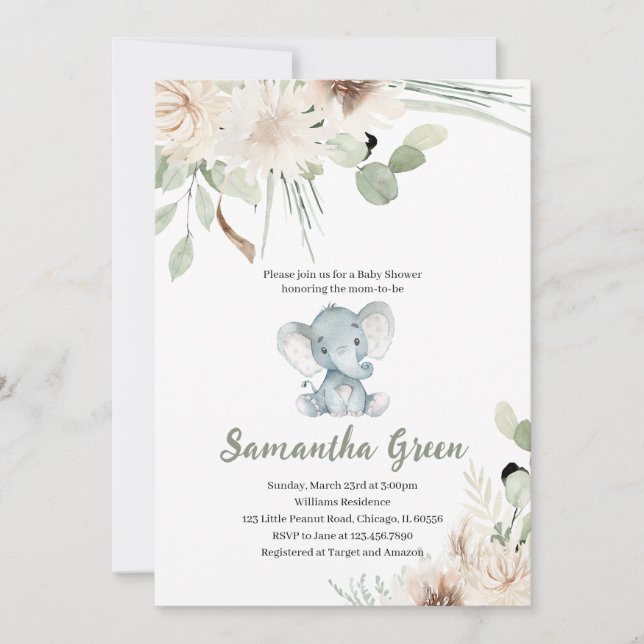 Gender Neutral Elephant Baby Shower Invitation (Front)