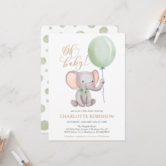 Gender Neutral Elephant Baby Shower Invitation (Front/Back In Situ)