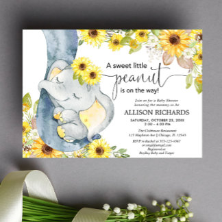 Gender neutral elephant baby shower sunflowers invitation