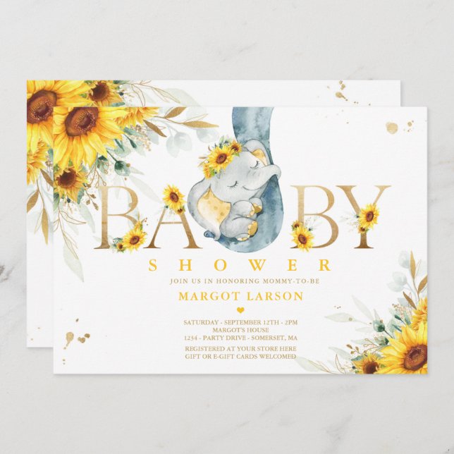 Gender Neutral Elephant Sunflower Baby Shower Invitation (Front/Back)