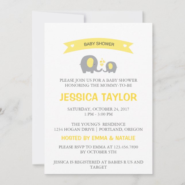 Gender Neutral Elephant Yellow Baby Shower Invite (Front)