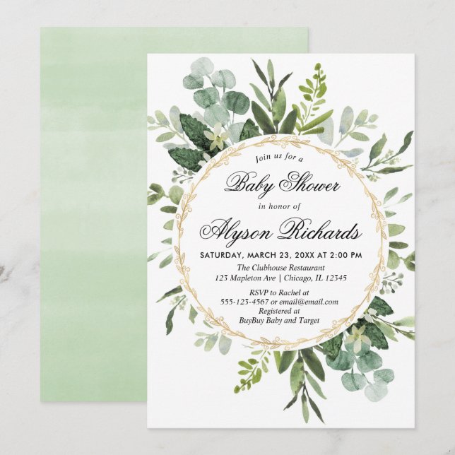 Gender neutral eucalyptus foliage baby shower invitation (Front/Back)