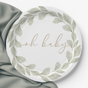 Gender Neutral Eucalyptus Leaf Baby Shower Paper Plate