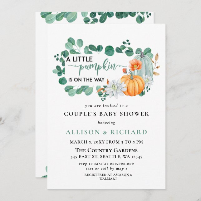 Gender neutral fall Pumpkin Eucalyptus Baby Shower Invitation (Front/Back)