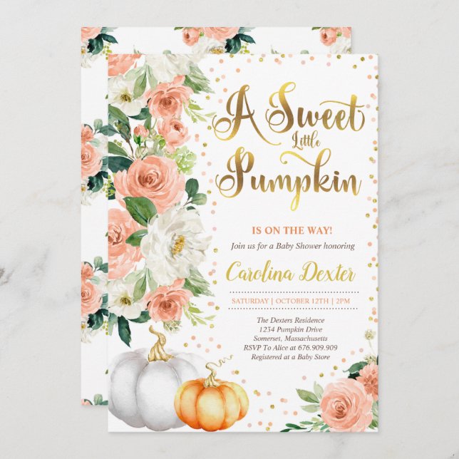 Gender Neutral Floral Pumpkin Fall Baby Shower Invitation (Front/Back)