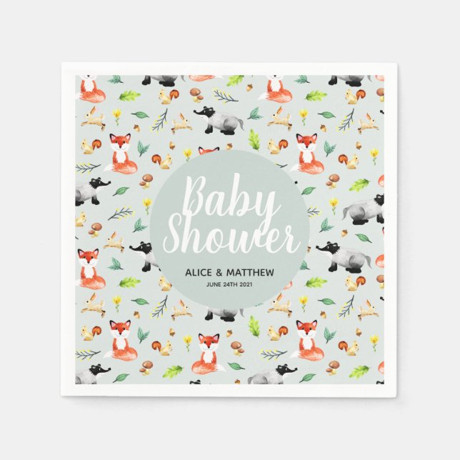 Gender Neutral Forest Animal Pattern Baby Shower Napkin (Front)