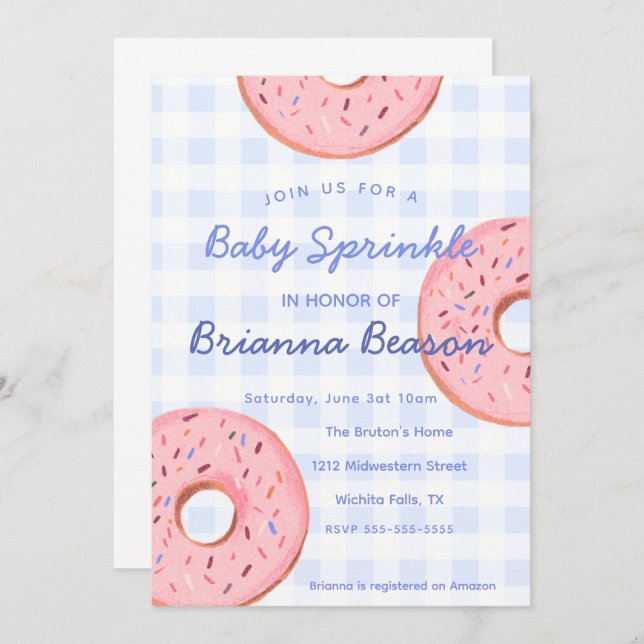 Gender Neutral, Gingham & Doughnuts Baby Sprinkle Invitation (Front/Back)