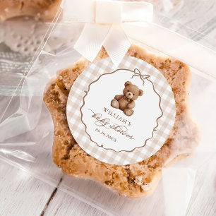 Gender Neutral Gingham Teddy Bear Baby Shower Classic Round Sticker
