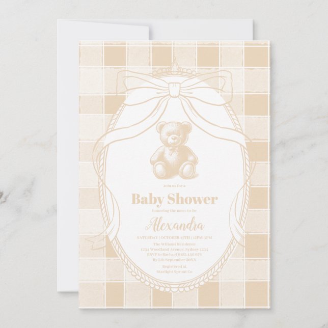 Gender Neutral Gingham Teddy Bear Baby Shower Invitation (Front)