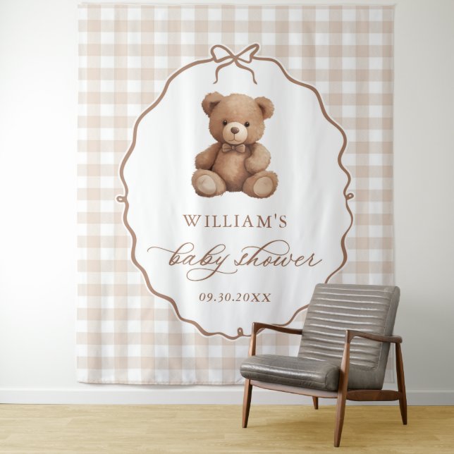 Gender Neutral Gingham Teddy Bear Baby Shower Tapestry (In Situ)