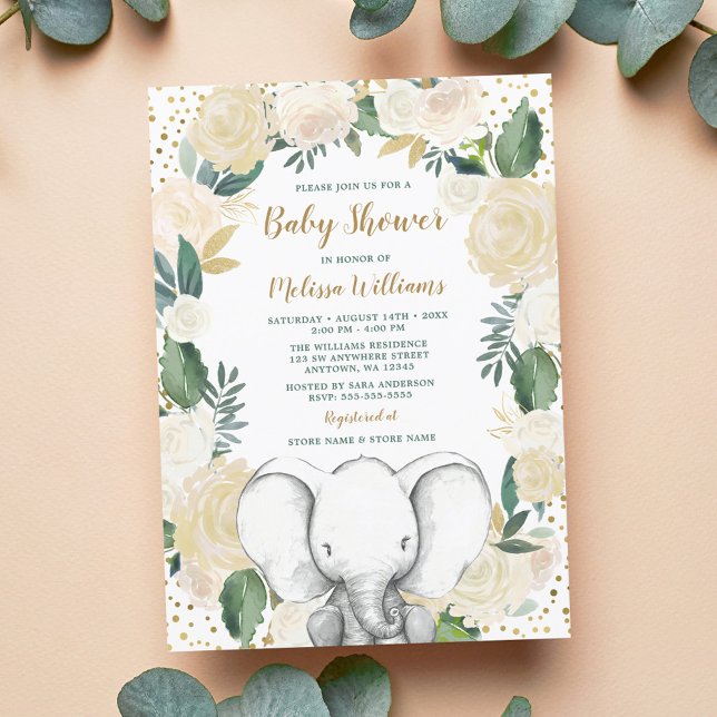 Gender Neutral Gold Greenery Elephant Baby Shower Invitation (Creator Uploaded)