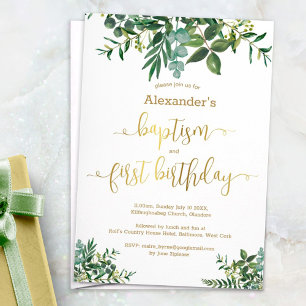 Gender neutral green gold baptism & 1st birthday invitation