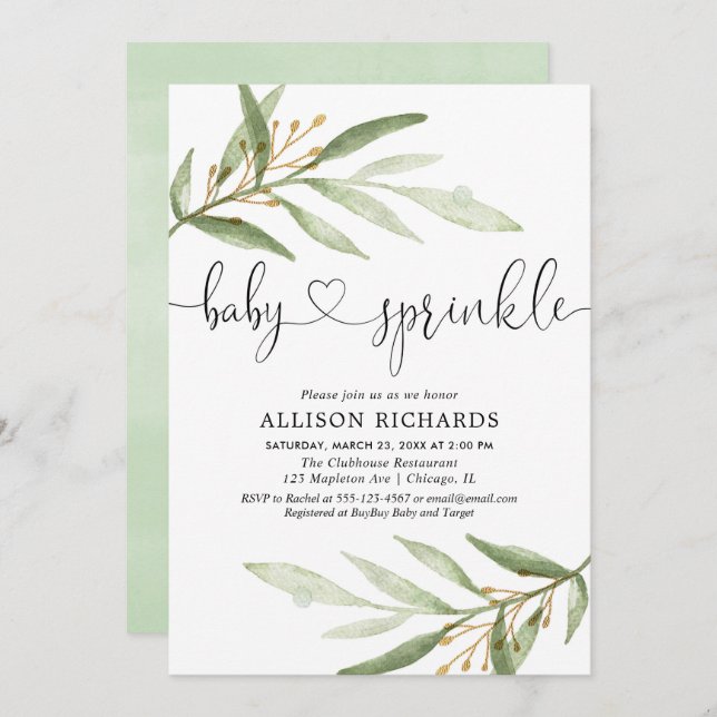 Gender neutral green gold greenery baby sprinkle invitation (Front/Back)