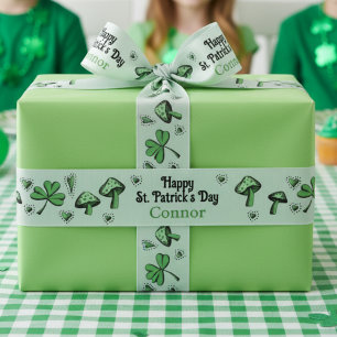 Gender Neutral Green Shamrock Heart & Mushroom 3" Grosgrain Ribbon