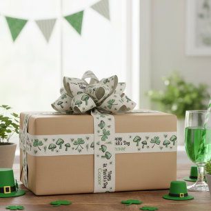 Gender Neutral Green Shamrock Heart & Mushroom 3" Grosgrain Ribbon