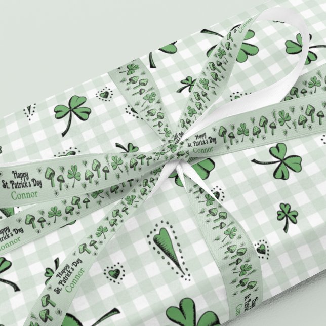 Gender Neutral Green Shamrock Heart & Mushroom 3" Grosgrain Ribbon (Custom gender neutral "Happy St. Patrick's Day" Green Shamrocks, Hearts & Mushrooms Ribbon in Green)